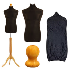 Display Guru Male Dressmakers Tailors Dummy Mannequin, Black Torso Bust With Light Wood Tripod Stand