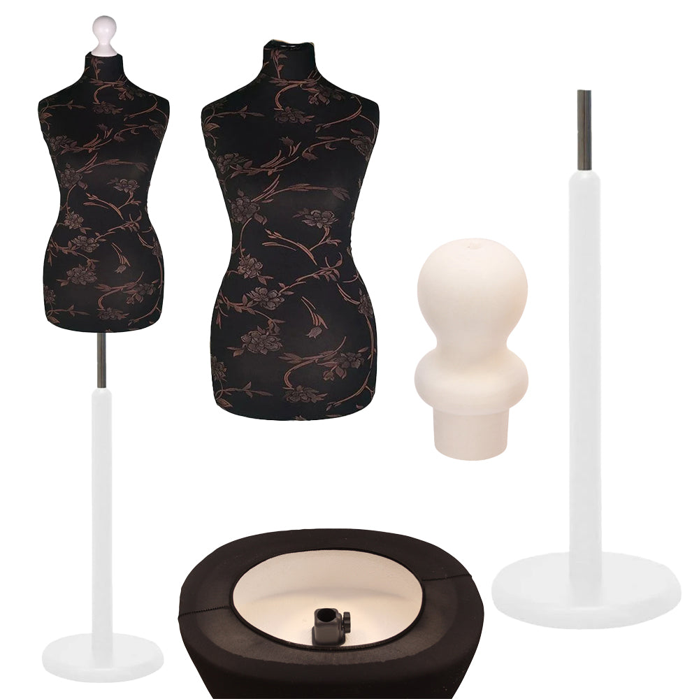 Display Guru Female Uk Size 8/10 Dressmakers Tailors Dummy Mannequin , Brown flower on Black Torso Bust with White Wood Round Base