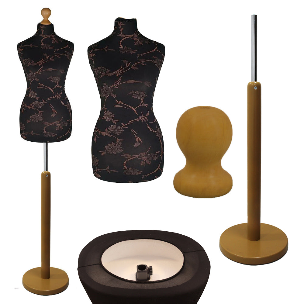 Brown flower on Black&nbsp;Tailors Dummy with a Light Wood Round Stand and Thistle.