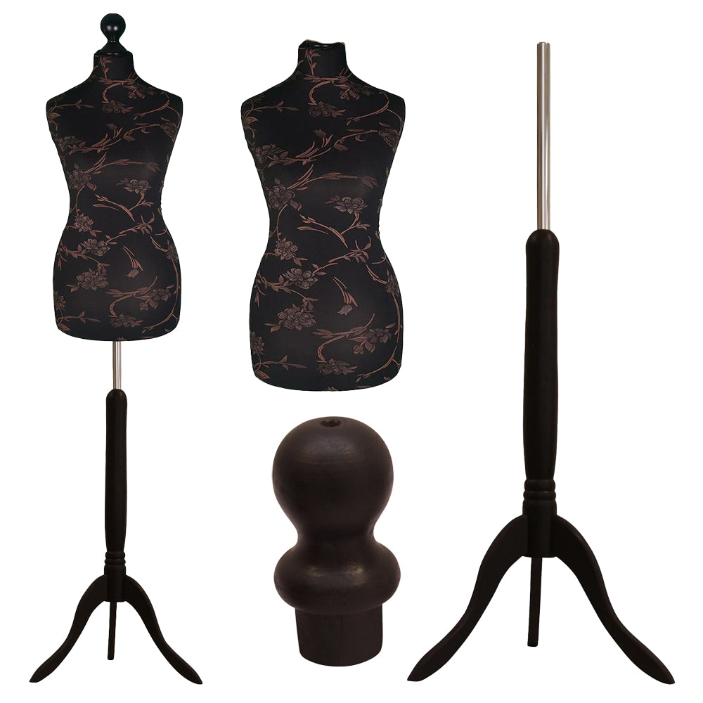 Display Guru Female Uk Size 16/18 Dressmakers Tailors Dummy Mannequin, Brown Flower on Black Torso Bust With Black Wood Tripod Stand