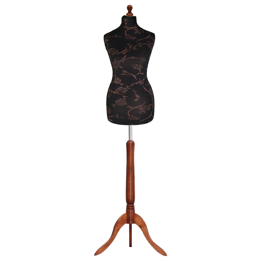 Display Guru Female Uk Size 12/14 Dressmakers Tailors Dummy Mannequin, Brown Flower on Black Torso Bust With Dark Wood Tripod Stand