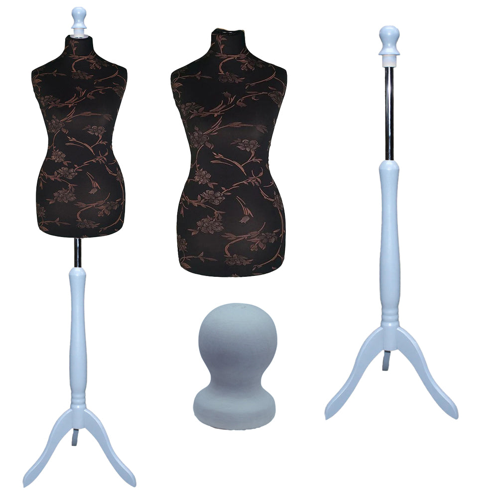 Display Guru Female Uk Size 16/18 Dressmakers Tailors Dummy Mannequin, Brown Flower on Black Torso Bust With Silver Wood Tripod Stand