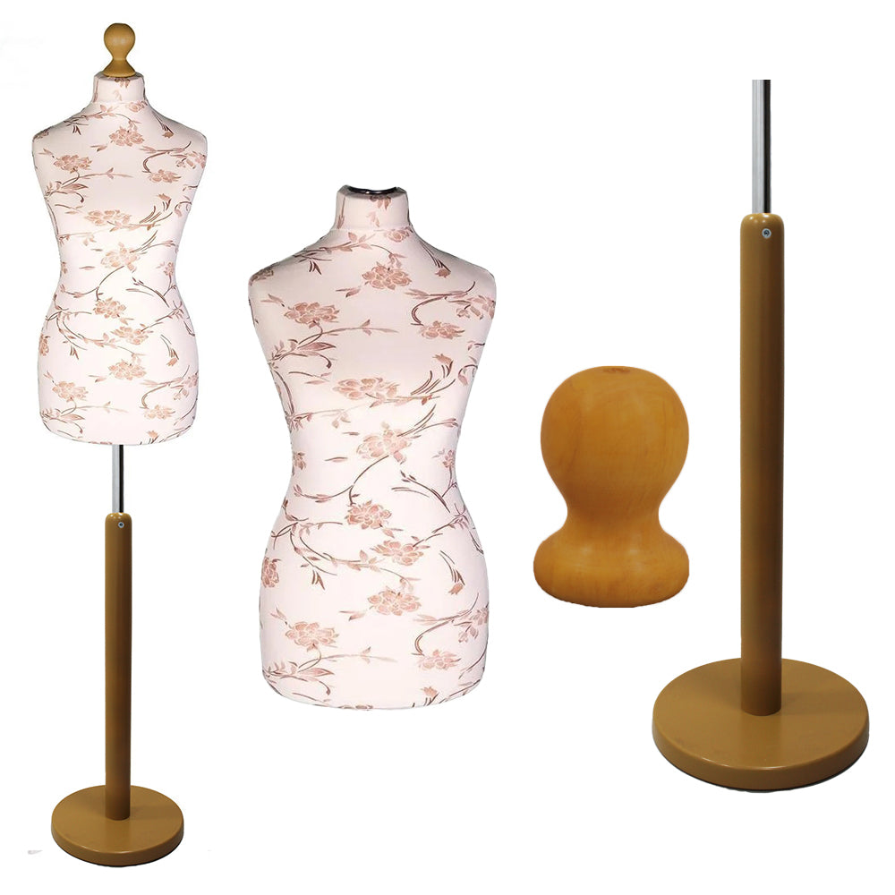Brown flower on cream Tailors Dummy with a Light Wood Round Stand 