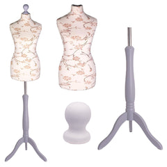 Display Guru Female Uk Size 12/14 Dressmakers Tailors Dummy Mannequin, Brown Flower on Cream Torso Bust With Silver Wood Tripod Stand