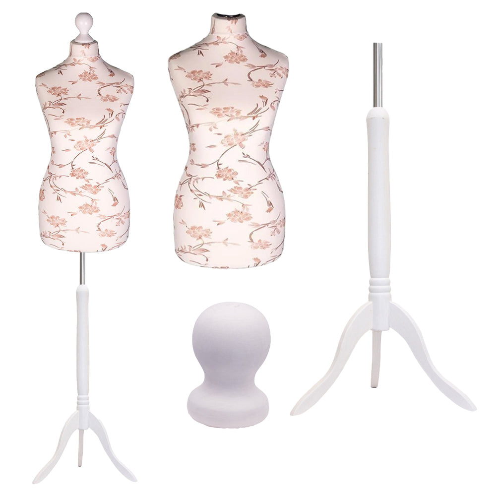 Display Guru Female Uk Size 12/14 Dressmakers Tailors Dummy Mannequin, Brown Flower on Cream Torso Bust With White Wood Tripod Stand