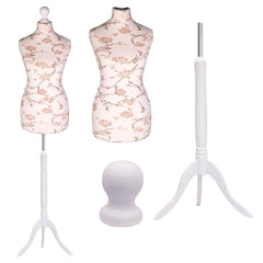 Display Guru Female Uk Size 12/14 Dressmakers Tailors Dummy Mannequin, Brown Flower on Cream Torso Bust With White Wood Tripod Stand
