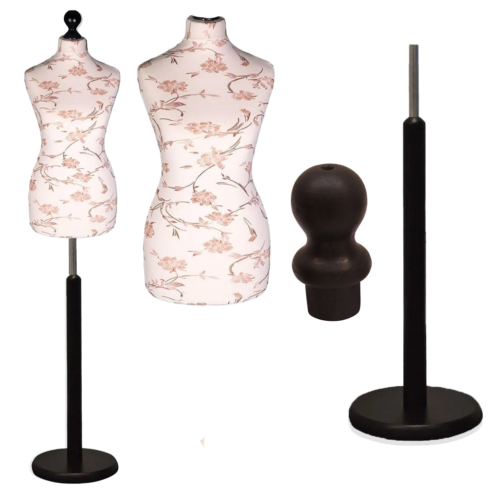 Display Guru Female Uk Size 6/8 Dressmakers Tailors Dummy Mannequin , Brown flower on cream Torso Bust with Black Wood Round Base