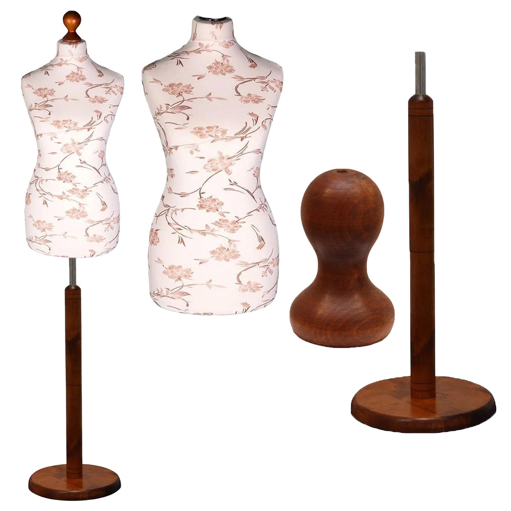 Display Guru Female Uk Size 8/10 Dressmakers Tailors Dummy Mannequin , Brown flower on Cream  Torso Bust with Dark Wood Round Base