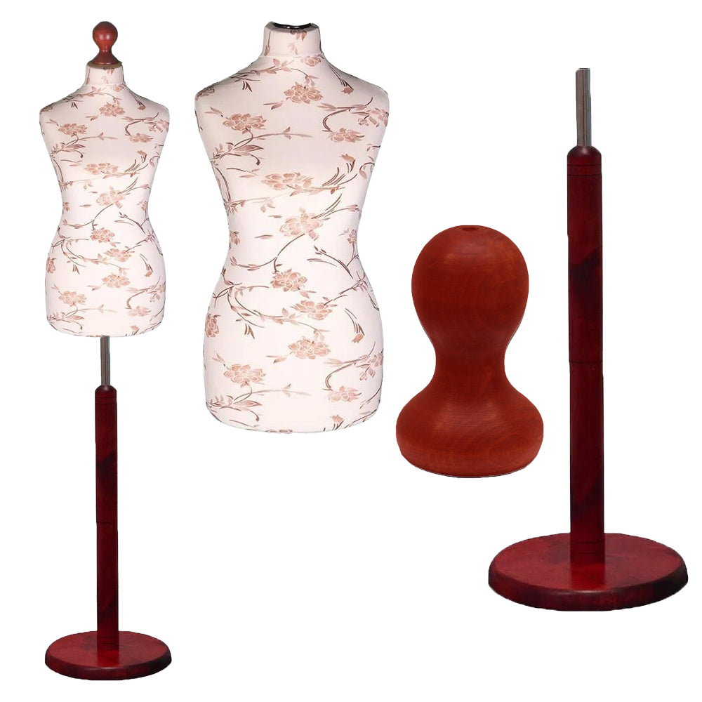 Display Guru Female Uk Size 18/20 Dressmakers Tailors Dummy Mannequin Brown Flower on Cream Torso Bust with Red Wood Round Base