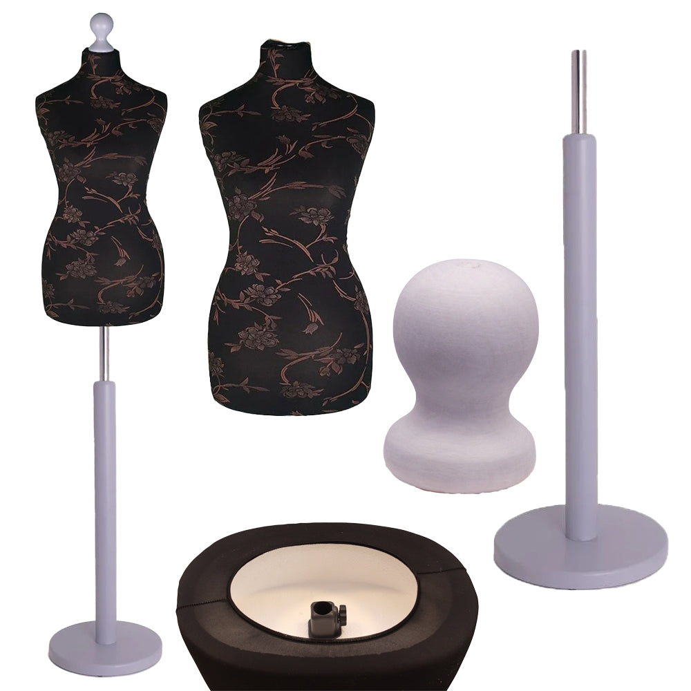 Display Guru Female Uk Size 12/14 Dressmakers Tailors Dummy Mannequin , Brown Flower on Black Torso Bust with Silver Wood Round Base