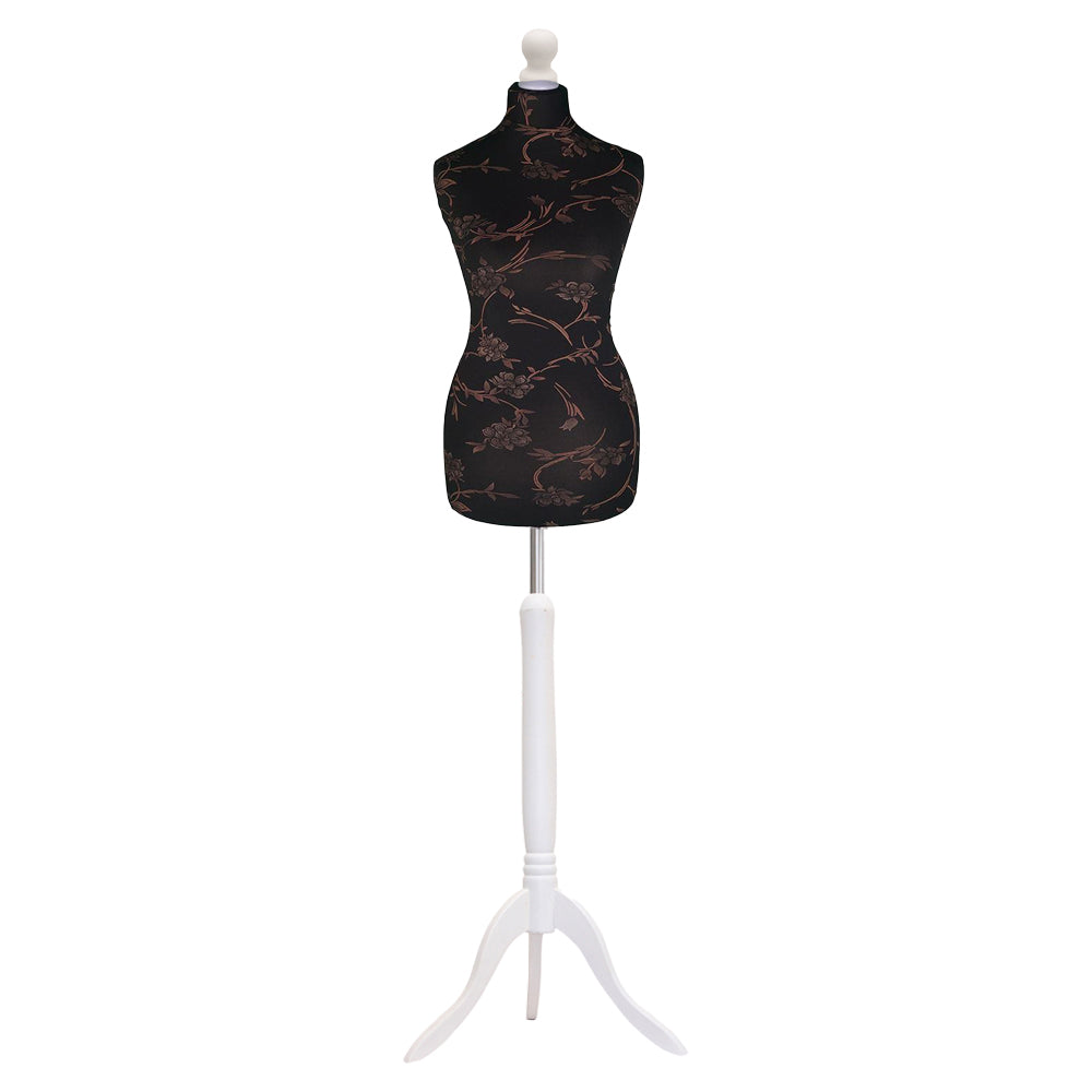 Display Guru Female Uk Size 18/20 Dressmakers Tailors Dummy Mannequin, Brown Flower on Black Torso Bust With White Wood Tripod Stand