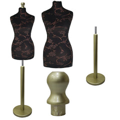 Display Guru Female Uk Size 8/10 Dressmakers Tailors Dummy Mannequin , Brown flower on Black Torso Bust with Gold Wood Round Base