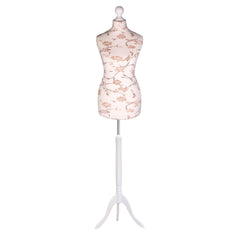 Display Guru Female Uk Size 12/14 Dressmakers Tailors Dummy Mannequin, Brown Flower on Cream Torso Bust With White Wood Tripod Stand