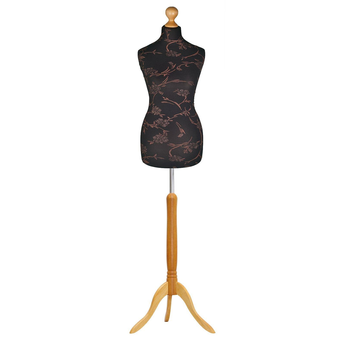 Display Guru Female Uk Size 18/20 Dressmakers Tailors Dummy Mannequin, Brown Flower on Black Torso Bust With Light Wood Tripod Stand