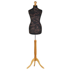 Display Guru Female Uk Size 18/20 Dressmakers Tailors Dummy Mannequin, Brown Flower on Black Torso Bust With Light Wood Tripod Stand