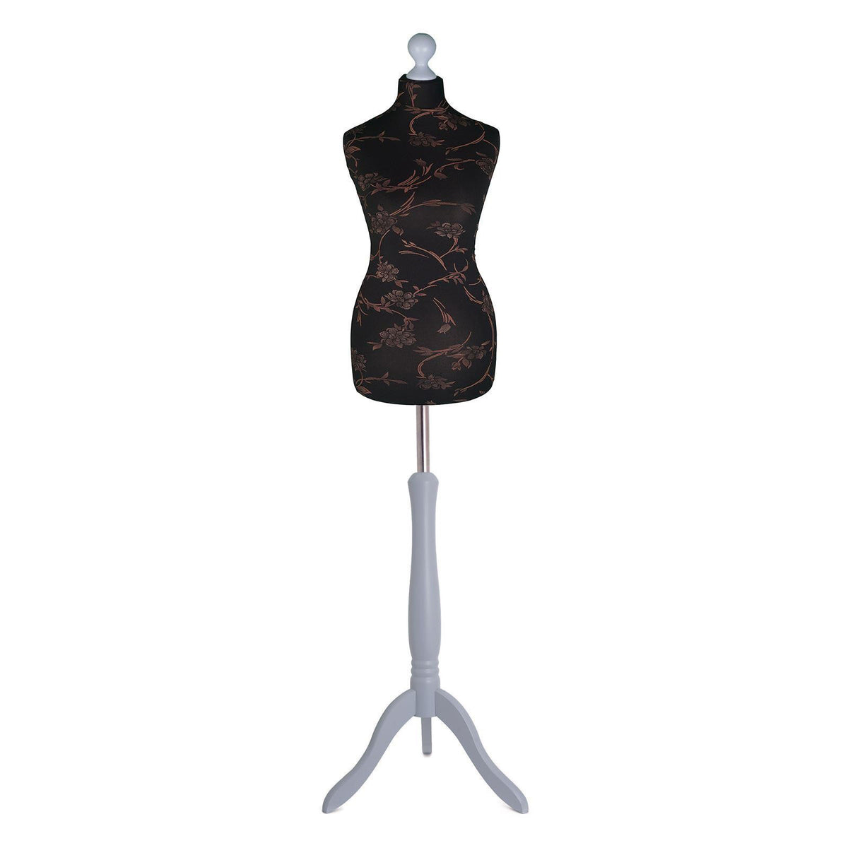 Display Guru Female Uk Size 16/18 Dressmakers Tailors Dummy Mannequin, Brown Flower on Black Torso Bust With Silver Wood Tripod Stand