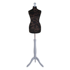 Display Guru Female Uk Size 16/18 Dressmakers Tailors Dummy Mannequin, Brown Flower on Black Torso Bust With Silver Wood Tripod Stand