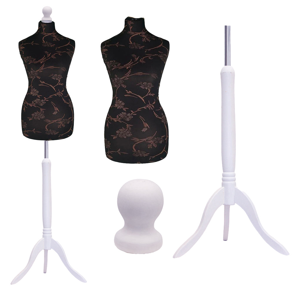 Display Guru Uk Size 6/8 Female Dressmakers Tailors Dummy Mannequin, Brown Flower on Black Torso Bust With White Wood Tripod Stand