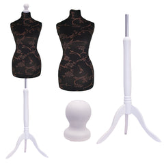 Display Guru Uk Size 6/8 Female Dressmakers Tailors Dummy Mannequin, Brown Flower on Black Torso Bust With White Wood Tripod Stand