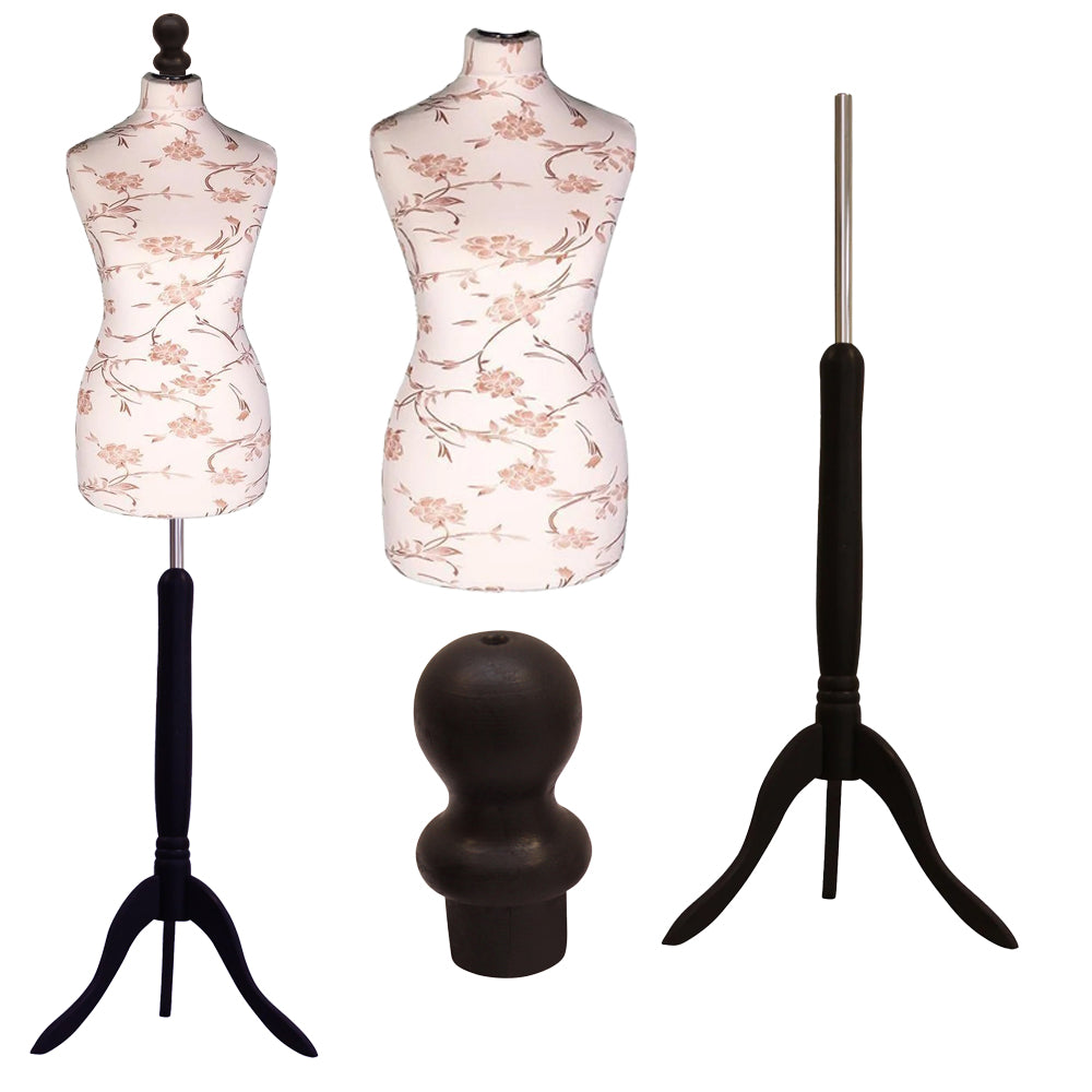 Display Guru Female Uk Size 10/12  Dressmakers Tailors Dummy Mannequin, Brown Flower on Cream Torso Bust With Black wood Tripod Stand