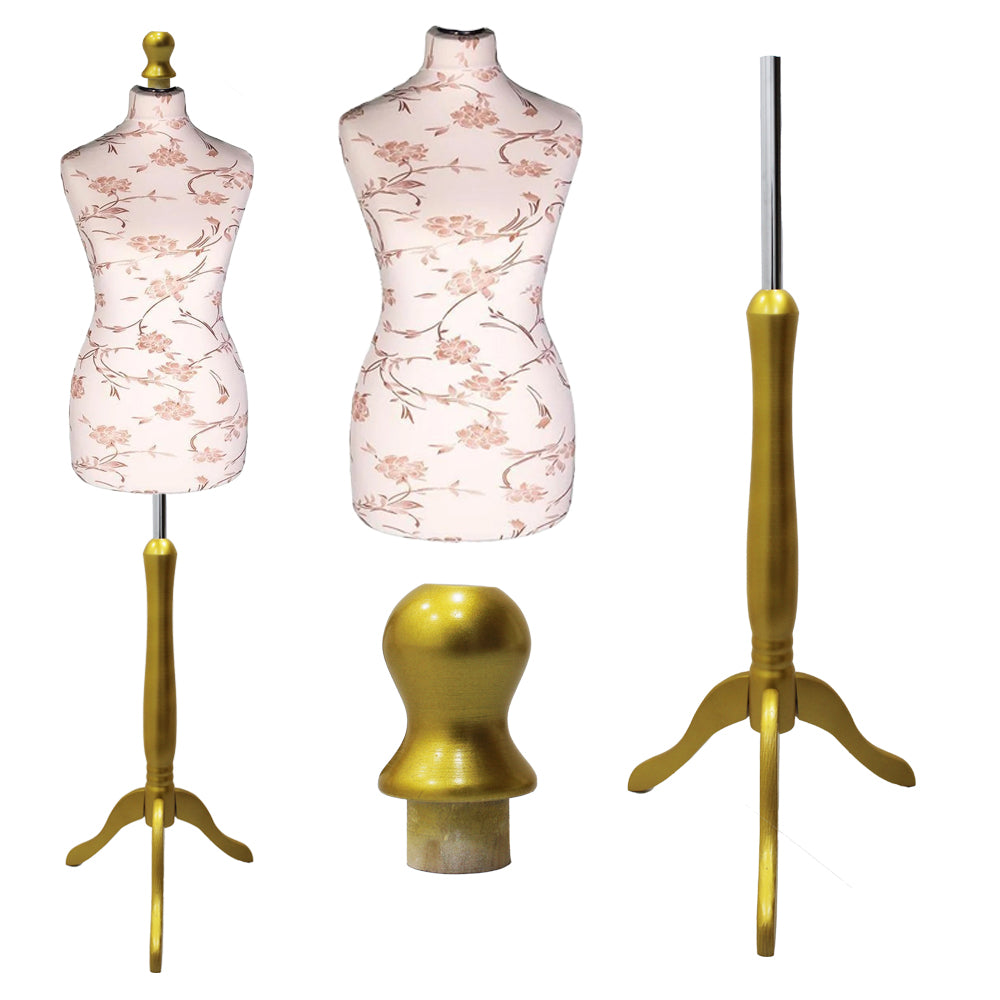 Display Guru Female Uk Size 18/20 Dressmakers Tailors Dummy Mannequin, Brown Flower on Cream Torso Bust With Gold Wood Tripod Stand