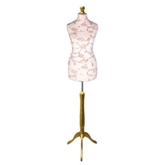 Display Guru Female Uk Size 12/14 Dressmakers Tailors Dummy Mannequin, Brown Flower on Cream Torso Bust With Gold Wood Tripod Stand