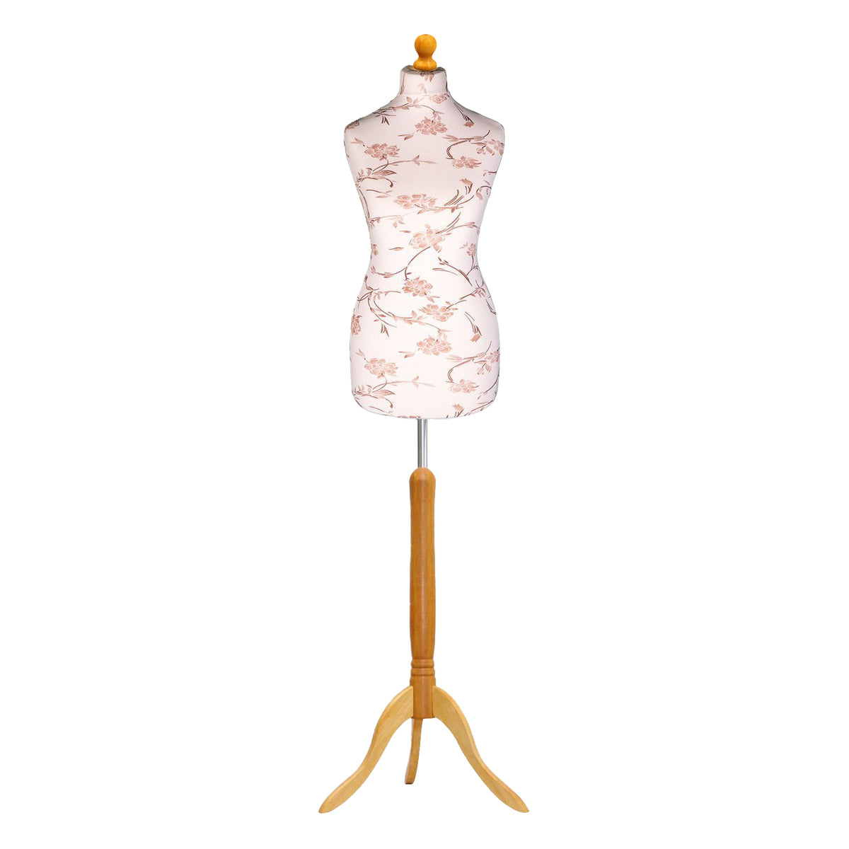 Display Guru Female Uk Size 10/12  Dressmakers Tailors Dummy Mannequin, Brown Flower on Cream Torso Bust With Light wood Tripod Stand