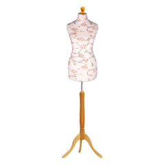 Display Guru Female Uk Size 10/12  Dressmakers Tailors Dummy Mannequin, Brown Flower on Cream Torso Bust With Light wood Tripod Stand
