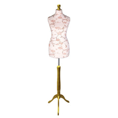 Display Guru Female Uk Size 18/20 Dressmakers Tailors Dummy Mannequin, Brown Flower on Cream Torso Bust With Gold Wood Tripod Stand