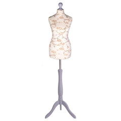 Display Guru Female Uk Size 10/12  Dressmakers Tailors Dummy Mannequin, Brown Flower on Cream Torso Bust With Silver wood Tripod Stand