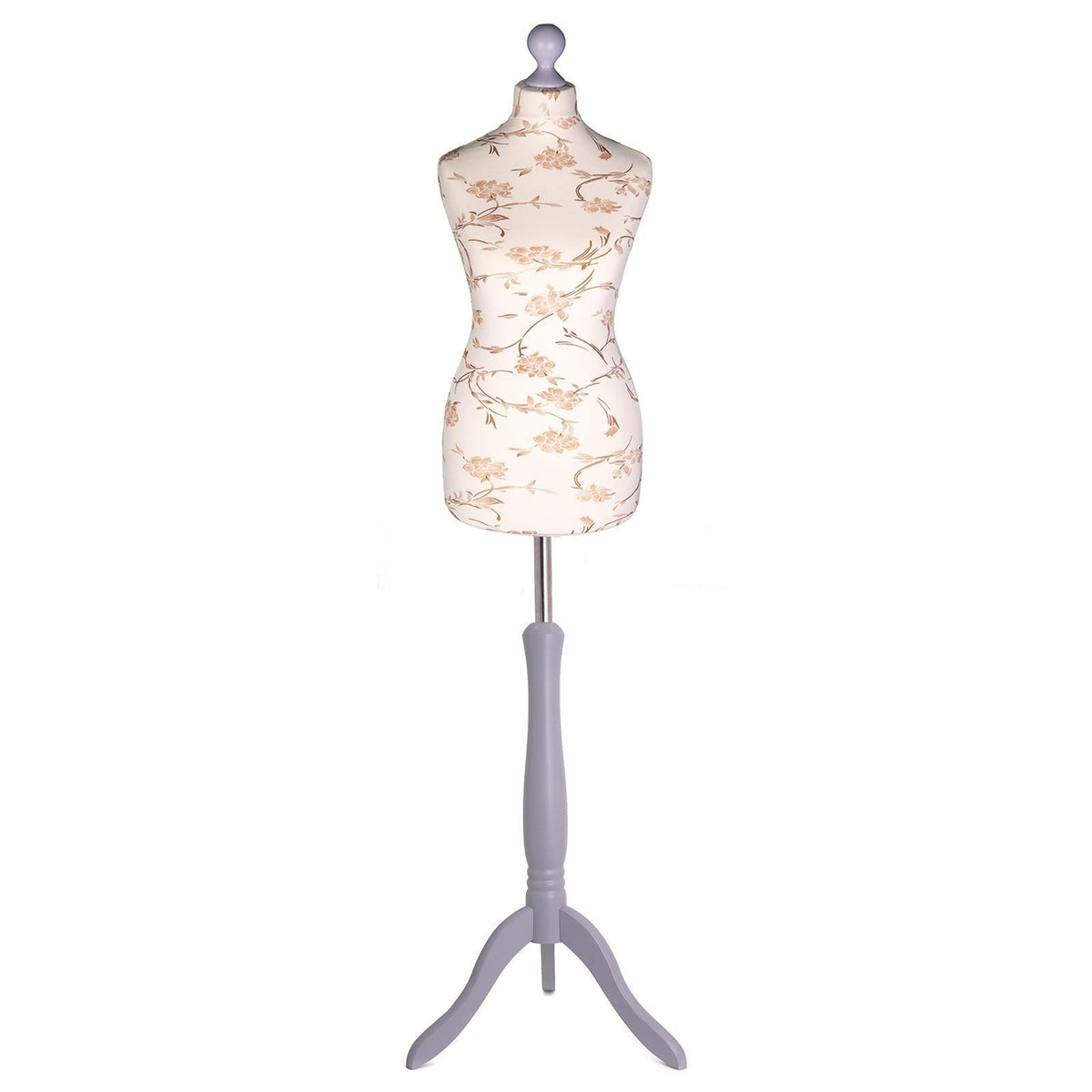 Display Guru Female Uk Size 12/14 Dressmakers Tailors Dummy Mannequin, Brown Flower on Cream Torso Bust With Silver Wood Tripod Stand