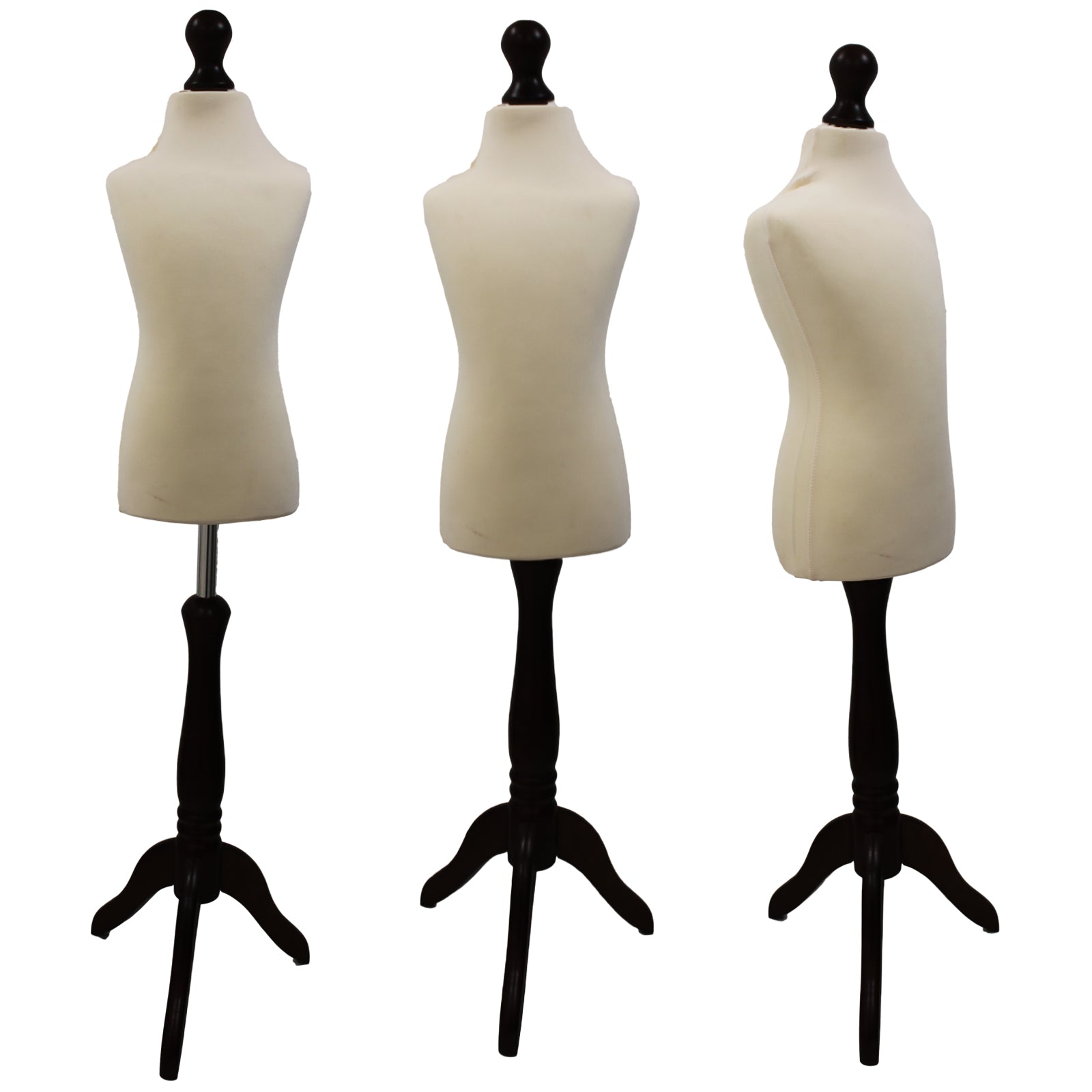 Children Kids Age 6-8 Tailors Dummy Mannequin, cream torso bust on black wood tripod stand for young designers.