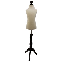 Children Kids Age 6-8 Tailors Dummy Mannequin, Cream Torso Bust with a Black Wood Tripod Stand for aspiring designers.
