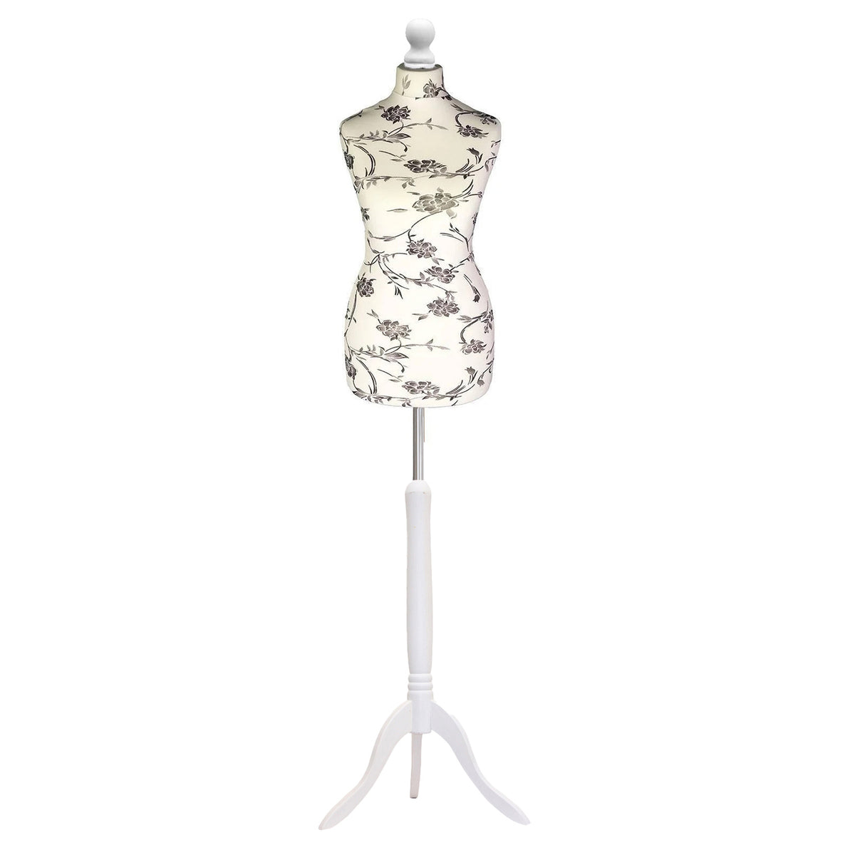 Display Guru Female Uk Size 18/20 Dressmakers Tailors Dummy Mannequin, Black Flower on Cream Torso Bust With White Wood Tripod Stand