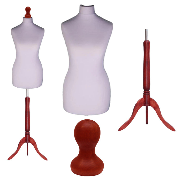 Display Guru Female Uk Size 10/12  Dressmakers Tailors Dummy Mannequin, Silver Torso Bust With Red wood Tripod Stand
