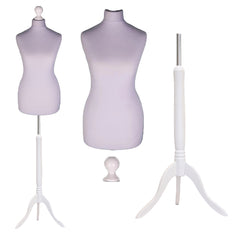 Display Guru Female Uk Size 10/12  Dressmakers Tailors Dummy Mannequin, Silver Torso Bust With White wood Tripod Stand
