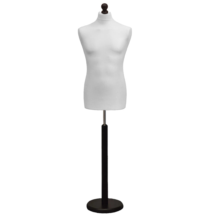 Display Guru Male Dressmakers Tailors Dummy Mannequin, White Torso Bust with Black Wood Round Base Stand
